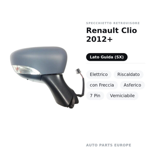 Außenspiegel Links Renault Clio 2012+ – Elektrisch, Beheizt, mit Blinker, Asphärisch, 7-polig, Lackierbar – Bild 2