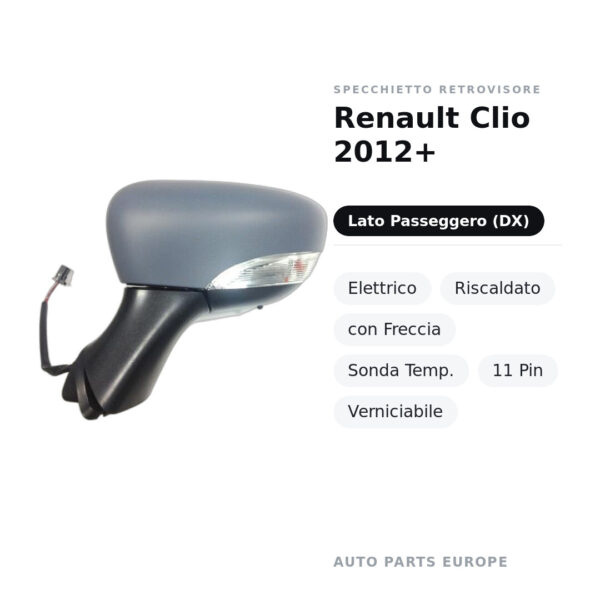 Außenspiegel Rechts Renault Clio 2012+ – Elektrisch, Beheizt, mit Blinker, Temperatursensor, 11-polig, Lackierbar – Bild 2