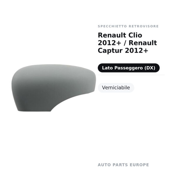 Calotta Specchietto Retrovisore Destro Renault Clio 2012+ / Renault Captur 2012+ – Verniciabile – foto 2