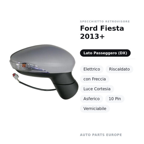 Specchietto Retrovisore Destro Ford Fiesta 2013+ – Elettrico, Riscaldato, con Freccia, Luce Cortesia, Asferico, 10 Pin