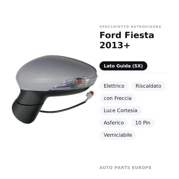 Specchietto Retrovisore Sinistro Ford Fiesta 2013+ – Elettrico, Riscaldato, con Freccia, Luce Cortesia, Asferico, 10 Pin
