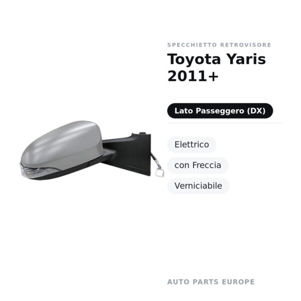 Specchietto Retrovisore Destro Toyota Yaris 2011+ – Elettrico, con Freccia, Verniciabile – foto 2