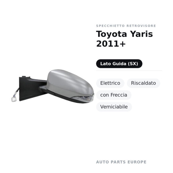 Specchietto Retrovisore Sinistro Toyota Yaris 2011+ – Elettrico, Riscaldato, con Freccia, Verniciabile – foto 2