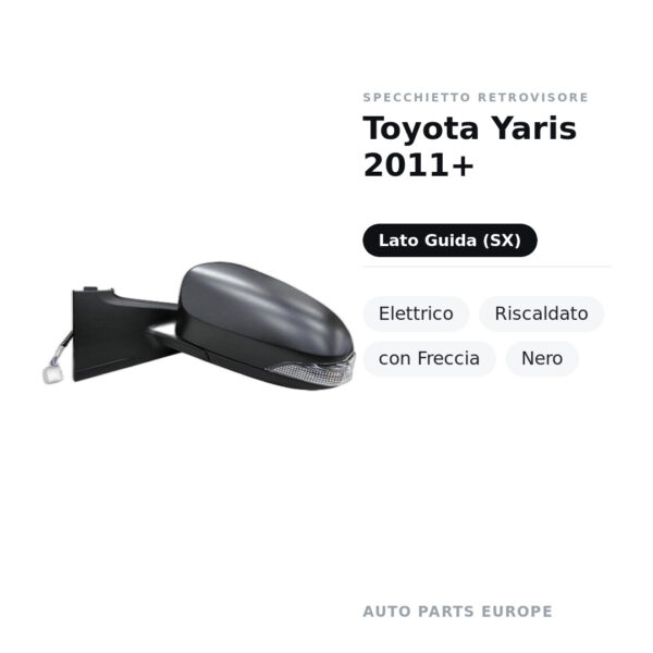 Specchietto Retrovisore Sinistro Toyota Yaris 2011+ – Elettrico, Riscaldato, con Freccia, Nero – foto 2