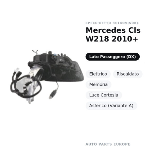Specchietto Retrovisore Destro Mercedes Cls W218 2010+ – Elettrico, Riscaldato, Memoria, Luce Cortesia, Asferico (Variante
