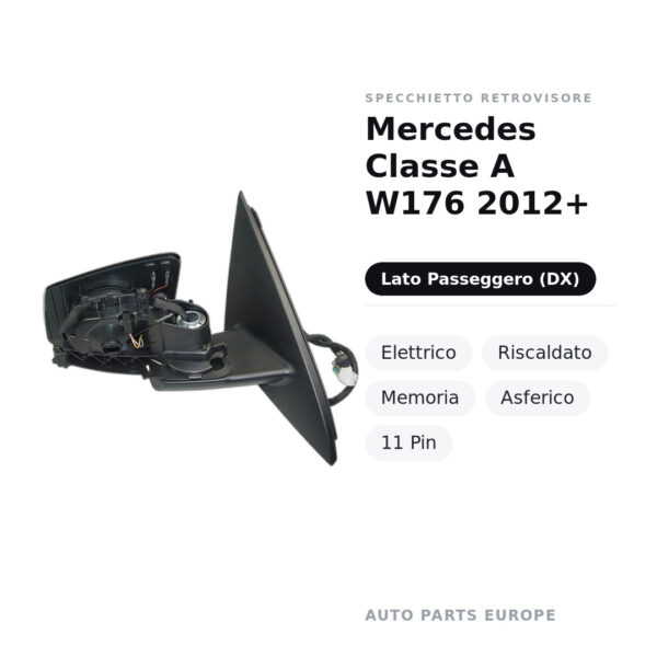 Specchietto Retrovisore Destro Mercedes Classe A W176 2012+ – Elettrico, Riscaldato, Memoria, Asferico, 11 Pin – foto 2