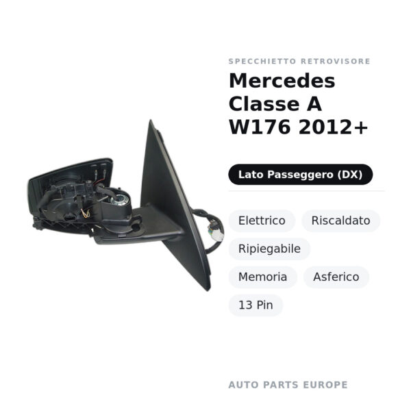Specchietto Retrovisore Destro Mercedes Classe A W176 2012+ – Elettrico, Riscaldato, Ripiegabile, Memoria, Asferico, 13 Pin
