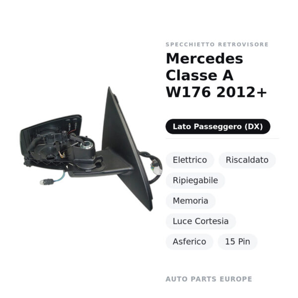 Außenspiegel Rechts Mercedes Klasse A W176 2012+ – Elektrisch, Beheizt, Klappbar, Memory, Abblendlicht, Asphärisch, 15 Polig