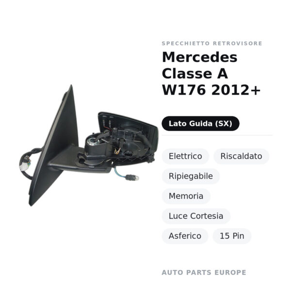 Außenspiegel Links Mercedes Klasse A W176 2012+ – Elektrisch, Beheizt, Klappbar, Memory, Courtesy Light, Asphärisch, 15 Pin