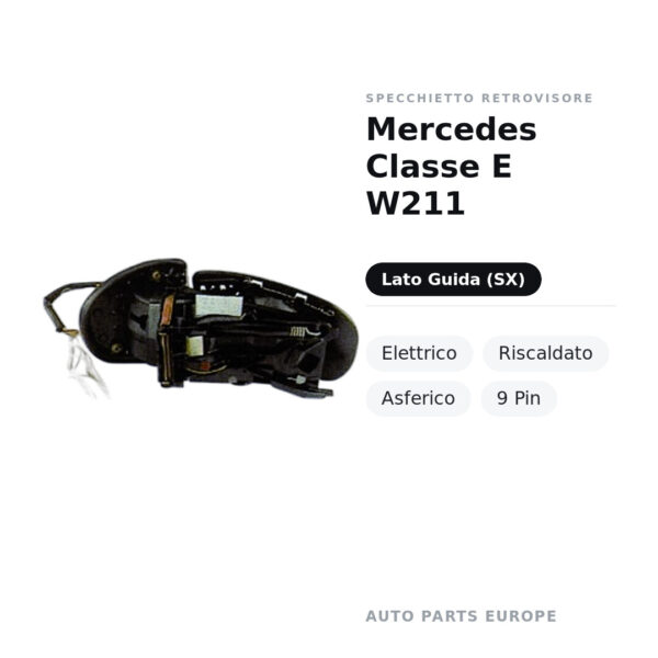 Specchietto Retrovisore Sinistro Mercedes Classe E W211 – Elettrico, Riscaldato, Asferico, 9 Pin – foto 2