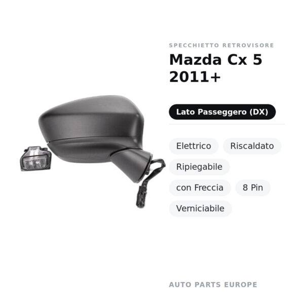 Specchietto Retrovisore Destro Mazda Cx 5 2011+ – Elettrico, Riscaldato, Ripiegabile, con Freccia, 8 Pin, Verniciabile