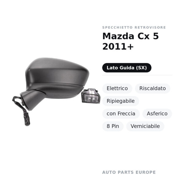 Specchietto Retrovisore Sinistro Mazda Cx 5 2011+ – Elettrico, Riscaldato, Ripiegabile, con Freccia, Asferico, 8 Pin