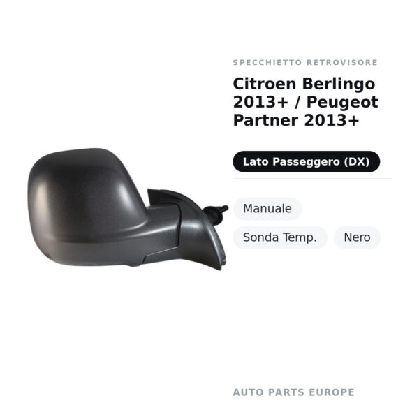 Außenspiegel Rechts Citroën Berlingo 2013+ / Peugeot Partner 2013+ – Manuell, Temperatursensor, Schwarz – Bild 2