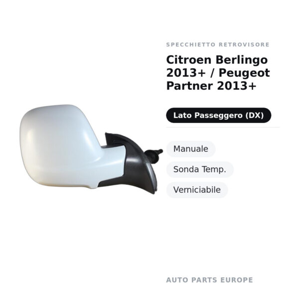 Specchietto Retrovisore Destro Citroen Berlingo 2013+ / Peugeot Partner 2013+ – Manuale, Sonda Temp., Verniciabile – foto 2