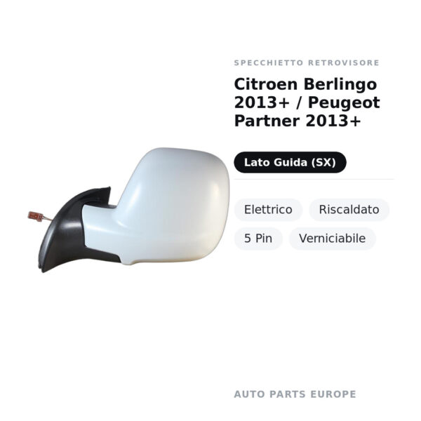 Außenspiegel Links Citroën Berlingo 2013+ / Peugeot Partner 2013+ – Elektrisch, Beheizt, 5 Pin, Lackierbar – Bild 2