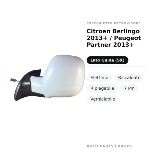 Außenspiegel Links Citroen Berlingo 2013+ / Peugeot Partner 2013+ – Elektrisch, Beheizt, Klappbar, 7 Pin, Lackierbar – Bild 2