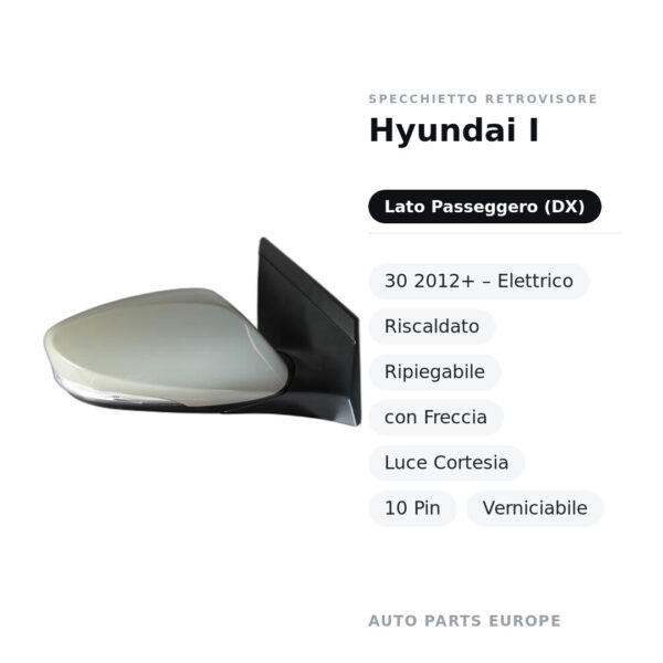 Außenspiegel Rechts Hyundai I-30 2012+ – Elektrisch, Beheizt, Klappbar, mit Blinker, Inspektionslicht, 10-polig, Lackierbar