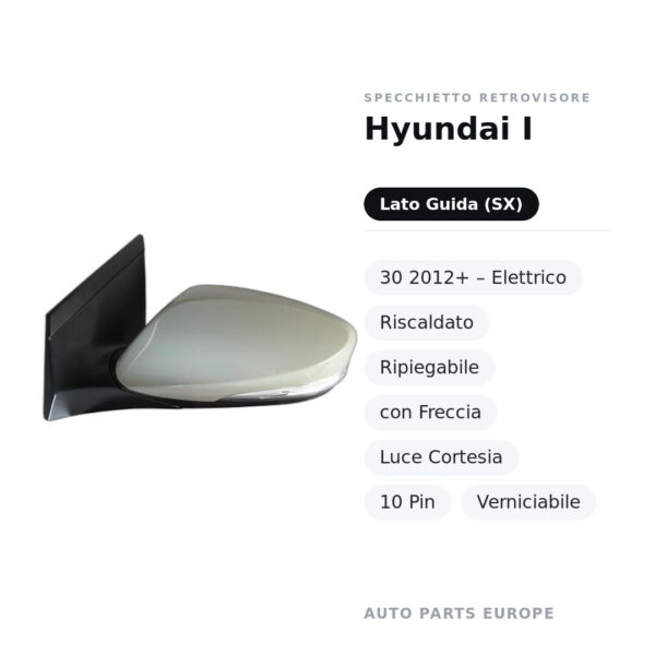 Außenspiegel Links Hyundai I-30 2012+ – Elektrisch, Beheizt, Klappbar, mit Blinker, Innenleuchte, 10-polig, Lackierbar