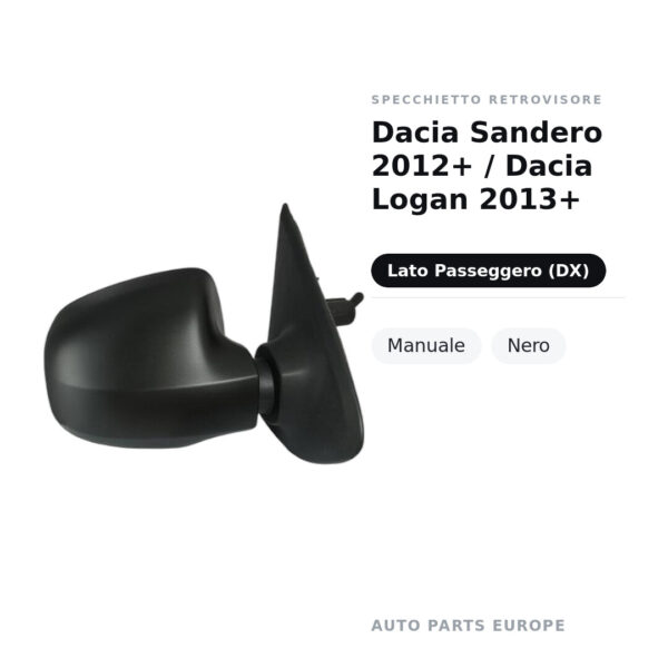 Außenspiegel Rechts Dacia Sandero 2012+ / Dacia Logan 2013+ – Manuell, Schwarz – Bild 2