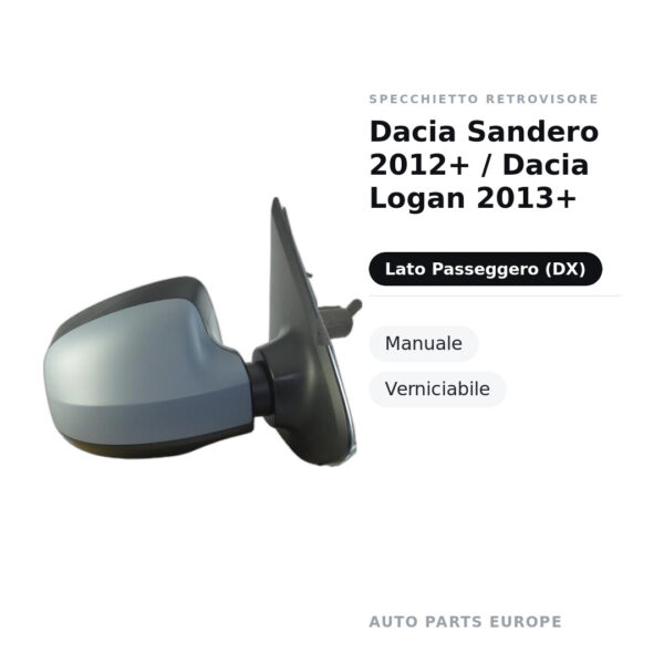 Specchietto Retrovisore Destro Dacia Sandero 2012+ / Dacia Logan 2013+ – Manuale, Verniciabile – foto 2