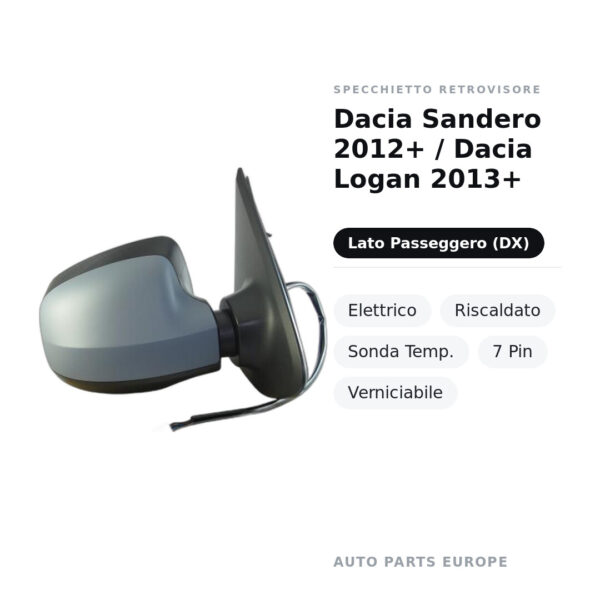 Specchietto Retrovisore Destro Dacia Sandero 2012+ / Dacia Logan 2013+ – Elettrico, Riscaldato, Sonda Temp., 7 Pin