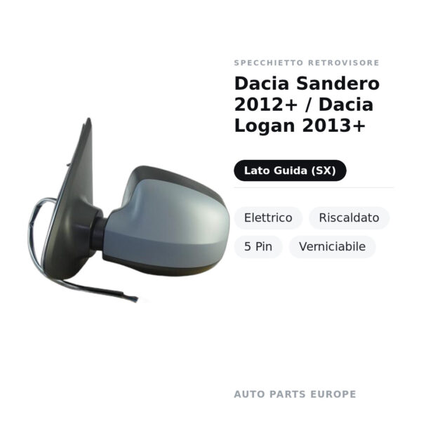 Specchietto Retrovisore Sinistro Dacia Sandero 2012+ / Dacia Logan 2013+ – Elettrico, Riscaldato, 5 Pin, Verniciabile – foto