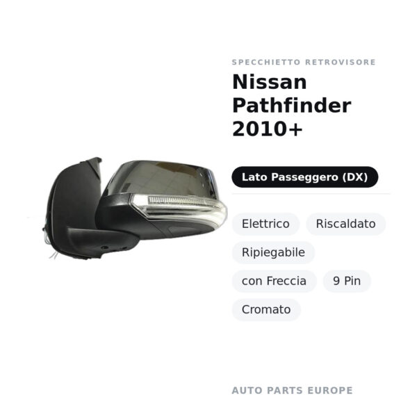 Außenspiegel Rechts Nissan Pathfinder 2010+ – Elektrisch, Beheizt, Klappbar, mit Blinker, 9-polig, Verchromt – Bild 2