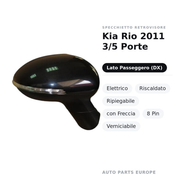 Specchietto Retrovisore Destro Kia Rio 2011 3/5 Porte – Elettrico, Riscaldato, Ripiegabile, con Freccia, 8 Pin, Verniciabile