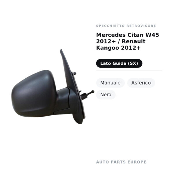 Außenspiegel Links Mercedes Citan W45 2012+ / Renault Kangoo 2012+ – Manuell, Asphärisch, Schwarz – Bild 2