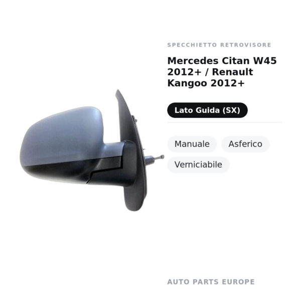 Außenspiegel Links Mercedes Citan W45 2012+ / Renault Kangoo 2012+ – Manuell, Asphärisch, Lackierbar – Bild 2