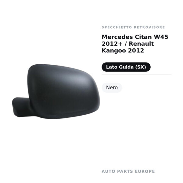 Calotta Specchietto Retrovisore Sinistro Mercedes Citan W45 2012+ / Renault Kangoo 2012 – Nera – foto 2