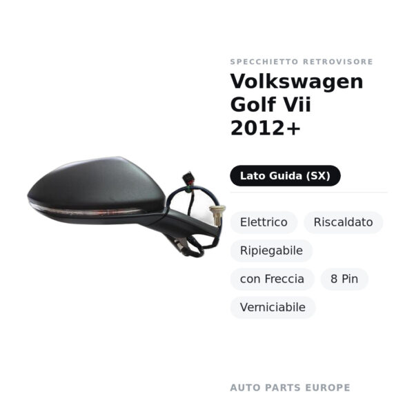 Specchietto Retrovisore Sinistro Volkswagen Golf Vii 2012+ – Elettrico, Riscaldato, Ripiegabile, con Freccia, 8 Pin