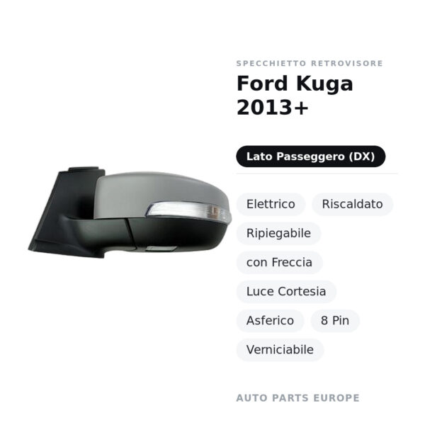 Specchietto Retrovisore Destro Ford Kuga 2013+ – Elettrico, Riscaldato, Ripiegabile, con Freccia, Luce Cortesia, Asferico, 8