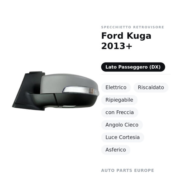 Specchietto Retrovisore Destro Ford Kuga 2013+ – Elettrico, Riscaldato, Ripiegabile, con Freccia, Angolo Cieco, Luce