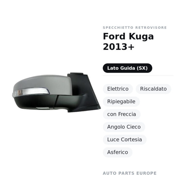Specchietto Retrovisore Sinistro Ford Kuga 2013+ – Elettrico, Riscaldato, Ripiegabile, con Freccia, Angolo Cieco, Luce