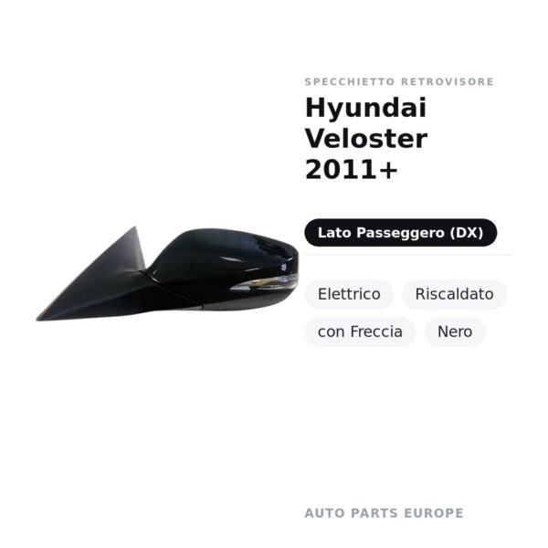 Specchietto Retrovisore Destro Hyundai Veloster 2011+ – Elettrico, Riscaldato, con Freccia, Nero – foto 2