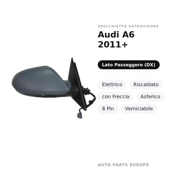 Specchietto Retrovisore Destro Audi A6 2011+ – Elettrico, Riscaldato, con Freccia, Asferico, 8 Pin, Verniciabile – foto 2