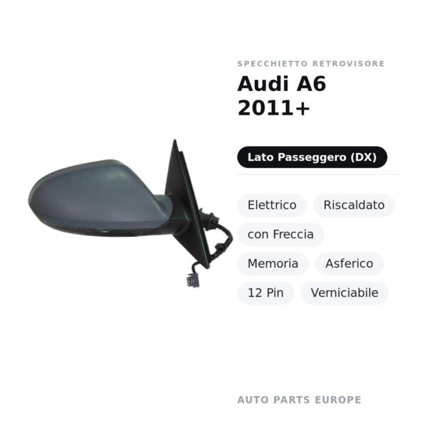 Specchietto Retrovisore Destro Audi A6 2011+ – Elettrico, Riscaldato, con Freccia, Memoria, Asferico, 12 Pin, Verniciabile