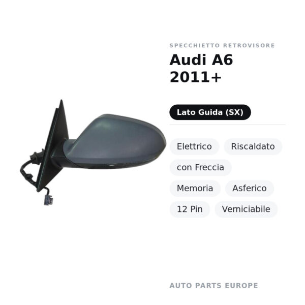 Specchietto Retrovisore Sinistro Audi A6 2011+ – Elettrico, Riscaldato, con Freccia, Memoria, Asferico, 12 Pin, Verniciabile