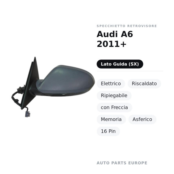 Specchietto Retrovisore Sinistro Audi A6 2011+ – Elettrico, Riscaldato, Ripiegabile, con Freccia, Memoria, Asferico, 16 Pin