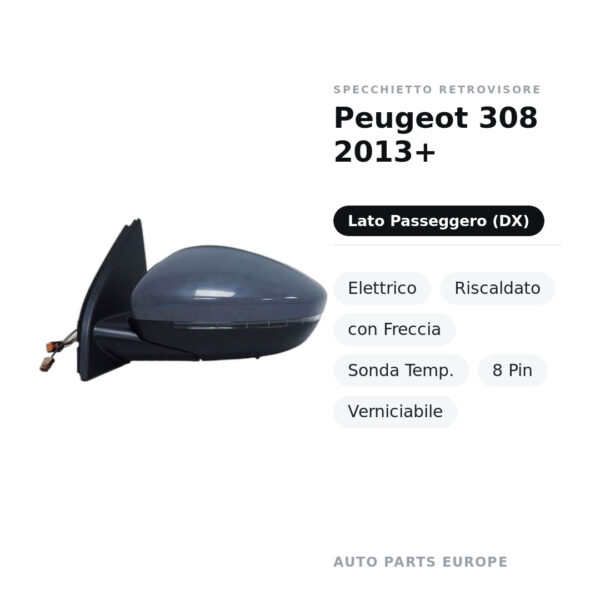 Specchietto Retrovisore Destro Peugeot 308 2013+ – Elettrico, Riscaldato, con Freccia, Sonda Temp., 8 Pin, Verniciabile