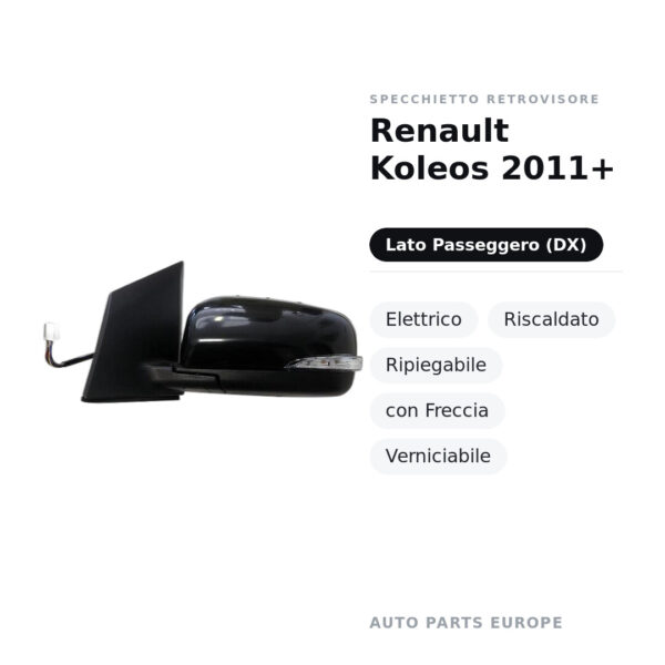 Specchietto Retrovisore Destro Renault Koleos 2011+ – Elettrico, Riscaldato, Ripiegabile, con Freccia, Verniciabile – foto 2