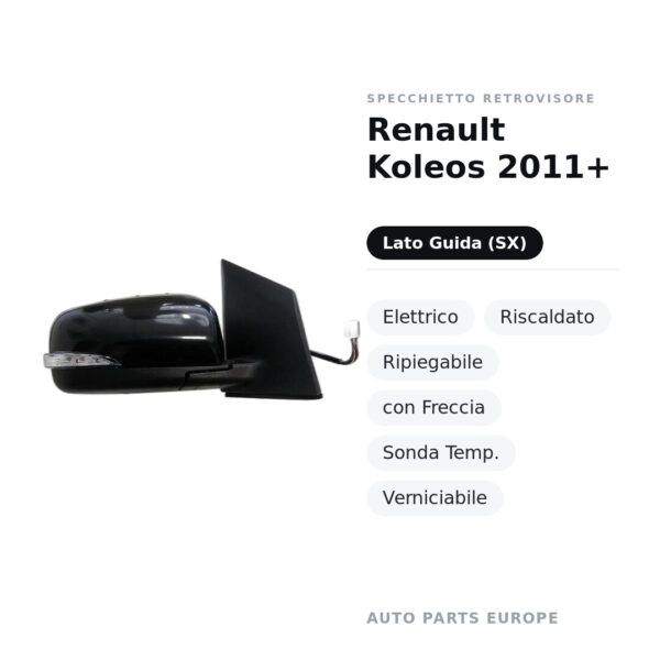 Specchietto Retrovisore Sinistro Renault Koleos 2011+ – Elettrico, Riscaldato, Ripiegabile, con Freccia, Sonda Temp.