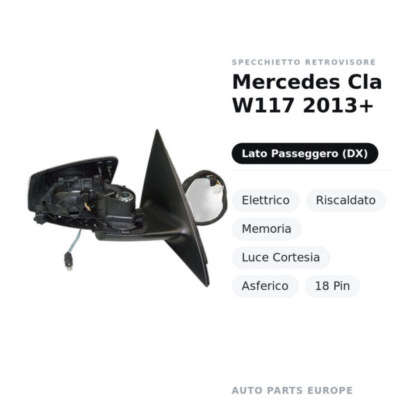 Außenspiegel Rechts Mercedes Cla W117 2013+ – Elektrisch, Beheizt, Speicher, Umgebungslicht, Asphärisch, 18 Pin – Bild 2