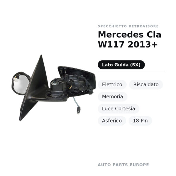 Specchietto Retrovisore Sinistro Mercedes Cla W117 2013+ – Elettrico, Riscaldato, Memoria, Luce Cortesia, Asferico, 18 Pin