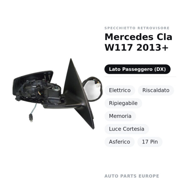 Specchietto Retrovisore Destro Mercedes Cla W117 2013+ – Elettrico, Riscaldato, Ripiegabile, Memoria, Luce Cortesia