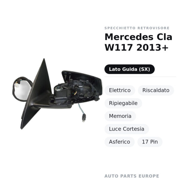 Specchietto Retrovisore Sinistro Mercedes Cla W117 2013+ – Elettrico, Riscaldato, Ripiegabile, Memoria, Luce Cortesia