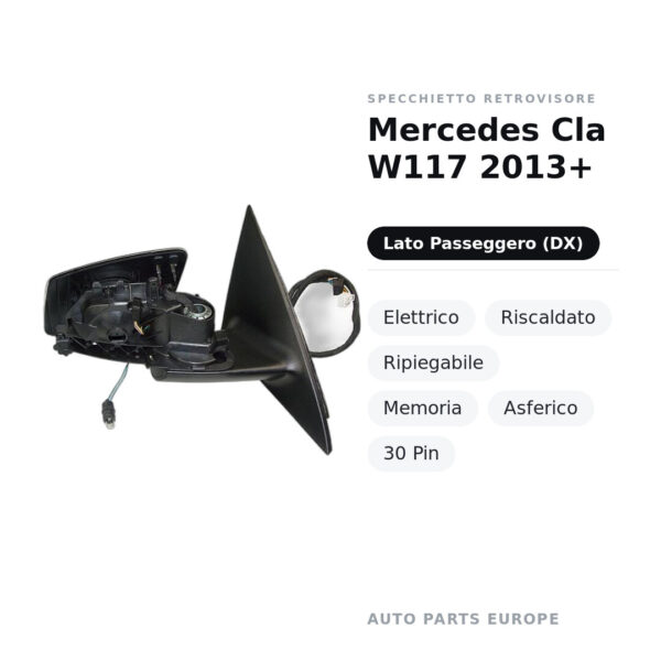 Specchietto Retrovisore Destro Mercedes Cla W117 2013+ – Elettrico, Riscaldato, Ripiegabile, Memoria, Asferico, 30 Pin