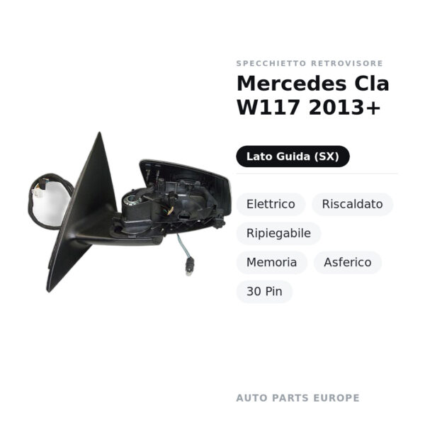 Specchietto Retrovisore Sinistro Mercedes Cla W117 2013+ – Elettrico, Riscaldato, Ripiegabile, Memoria, Asferico, 30 Pin