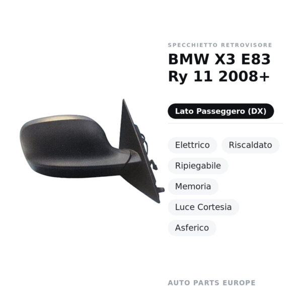 Außenspiegel Rechts BMW X3 E83 Ry 11 2008+ – Elektrisch, Beheizt, Klappbar, Memory, Umfeldleuchte, Asphärisch – Bild 2